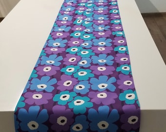 Marimekko 80 x 17 Table Runner - Pieni Unikko. Poppies in Purple, Turquoise and Blue.
