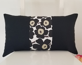 Lumbar 21 x 12 Marimekko Pieni Unikko cotton canvas. Black Poppies pillow cover