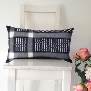 Lumbar 21 x 12 Palestinian Black and White Keffiyeh Cushion Cover - Upcycled Traditional Shemagh.