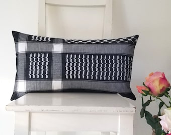 Lumbar 21 x 12 Palestinian Black and White Keffiyeh Cushion Cover - Upcycled Traditional Shemagh.