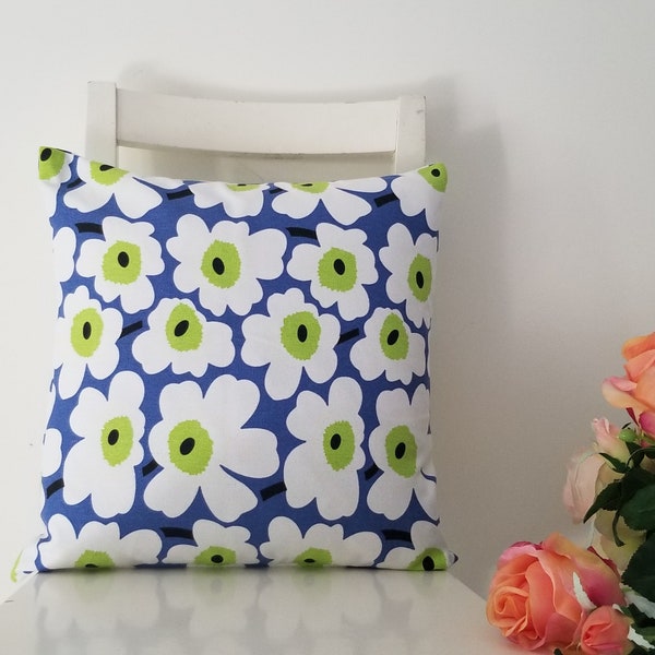 Marimekko 16" x 16" Pieni Unikko Cotton Canvas - Blue and Lime Poppies Pillow Cover