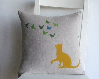 Cat and Butterflies print 16 x 16 linen cushion cover