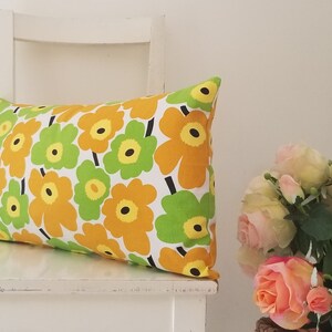 Lumbar 21 x 12 Marimekko Pieni Unikko cotton canvas. Yellow and Lime Poppies pillow cover image 5