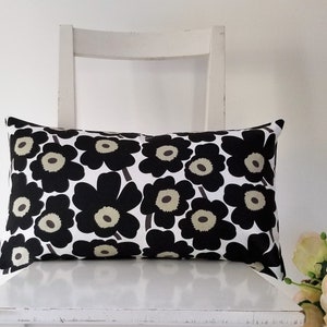 Lumbar 21 x 12 Marimekko Pieni Unikko cotton canvas. Black Poppies pillow cover