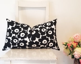 Lumbar 21 x 12 Marimekko Pieni Unikko Cotton Canvas. Black Poppies Pillow Cover