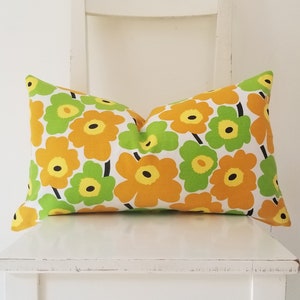 Lumbar 21 x 12 Marimekko Pieni Unikko cotton canvas. Yellow and Lime Poppies pillow cover image 1