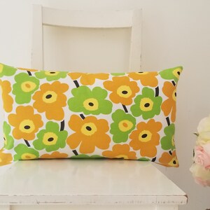 Lumbar 21 x 12 Marimekko Pieni Unikko cotton canvas. Yellow and Lime Poppies pillow cover image 3