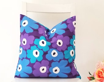 16 x 16 Marimekko  Pieni Unikko. Poppies in Purple, Turquoise and Blue Pillow cover.