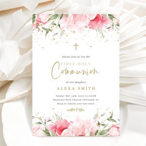 Fille florale d'invitation de première communion | Carte de communion personnalisée | Faire-part personnalisé pour cérémonie religieuse