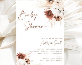 Boho Baby Shower Einladung Vorlage | Pampas Babyparty Einladen | Bearbeitbare geschlechtsneutrale Babyeinladung