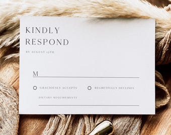 Plantilla moderna de tarjeta RSVP / Tarjeta de respuesta de boda minimalista imprimible / Inserto RSVP simple editable