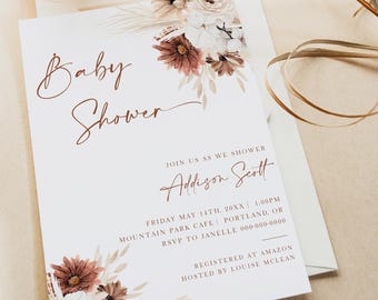 Baby Sprinkle Einladung Bearbeitbar | Boho Pampas Babyparty einladen Mädchen | Herbst Neutral Baby Shower Card Corjl