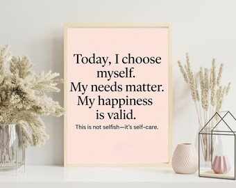 Afdruk zelfzorgbevestiging, blushroze poster geestelijke gezondheid (digitale download)
