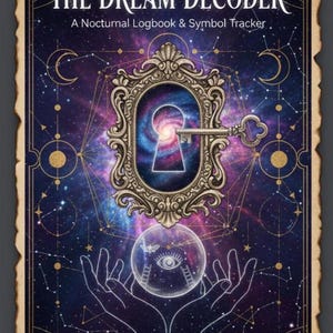 Può includere: Una copertina di libro intitolata "The Dream Decoder" con un design celeste. Presenta una serratura, una chiave e una sfera di cristallo con un occhio, il tutto su uno sfondo stellato. Il design include il testo "A Nocturnal Logbook & Symbol Tracker."