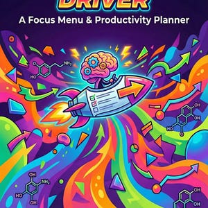 May include: A vibrant illustration for "The Dopamine Driver" planner. The design features a rocket ship with a brain, surrounded by colorful arrows and chemical structures. Text includes "The Dopamine Driver" and "A Focus Menu & Productivity Planner."
