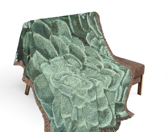 Green Succulent Woven Blanket | Botanical Throw