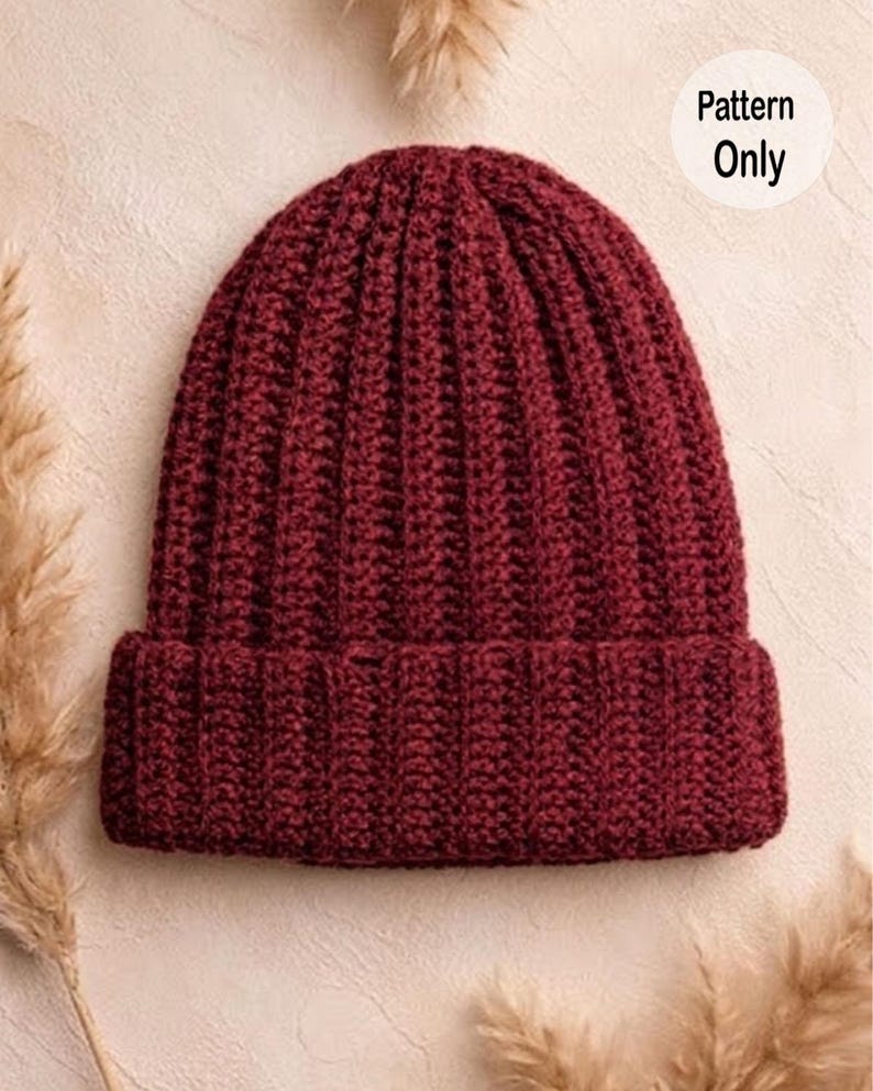 Ribbed Crochet Beanie Pattern PDF, Easy Beginner Winter Hat, Folded ...