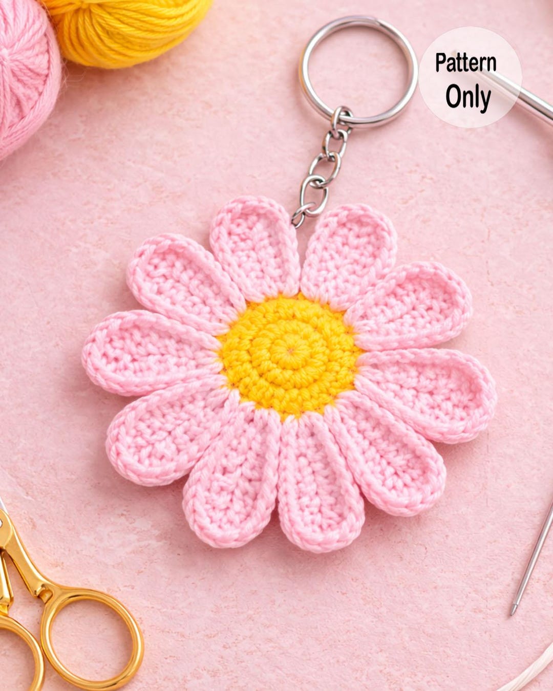 かぎ針編みの花のパターン3種セット、ふわふわの花のキーホルダー