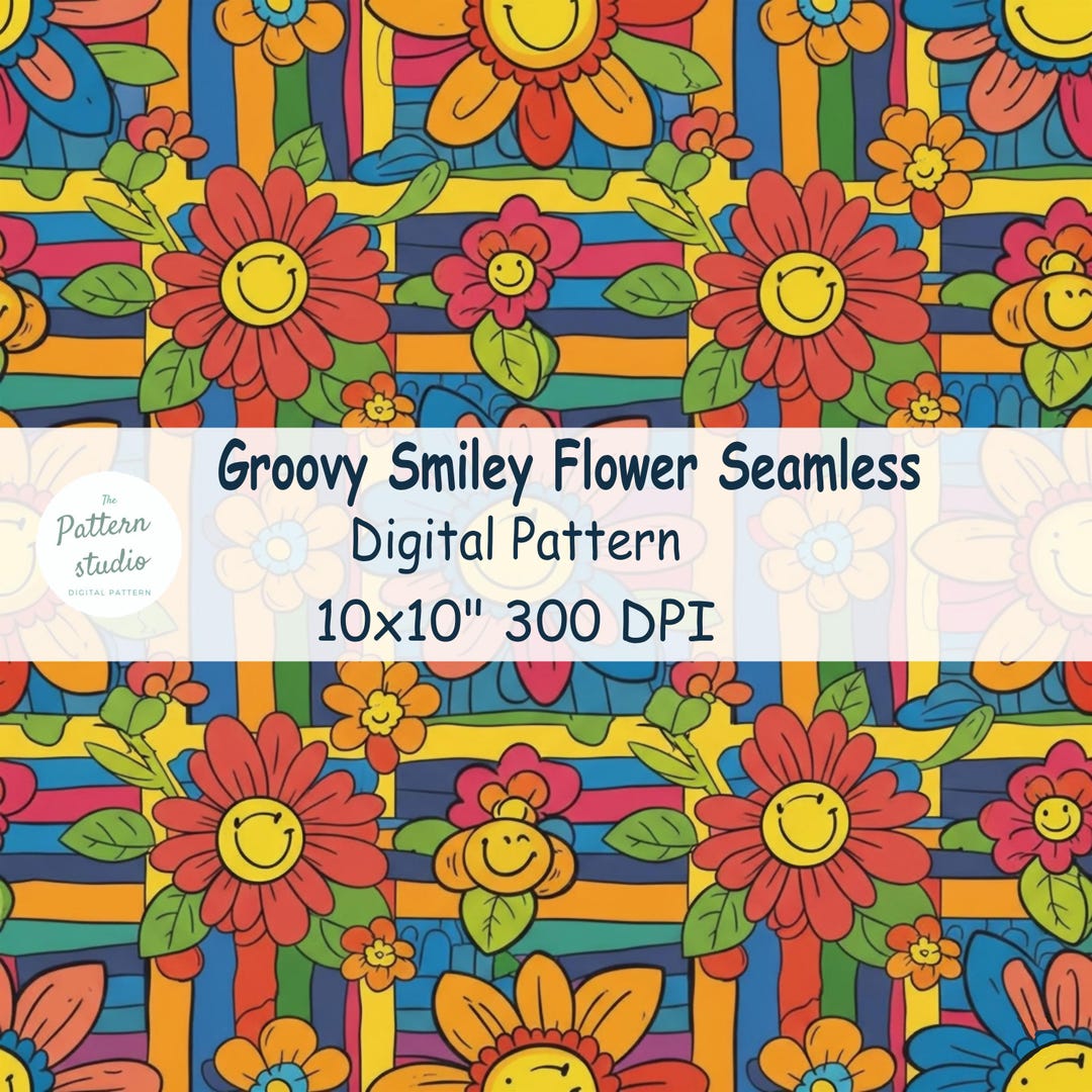 Groovy Smiley Flower Seamless Digital Pattern – Bright Retro Floral ...
