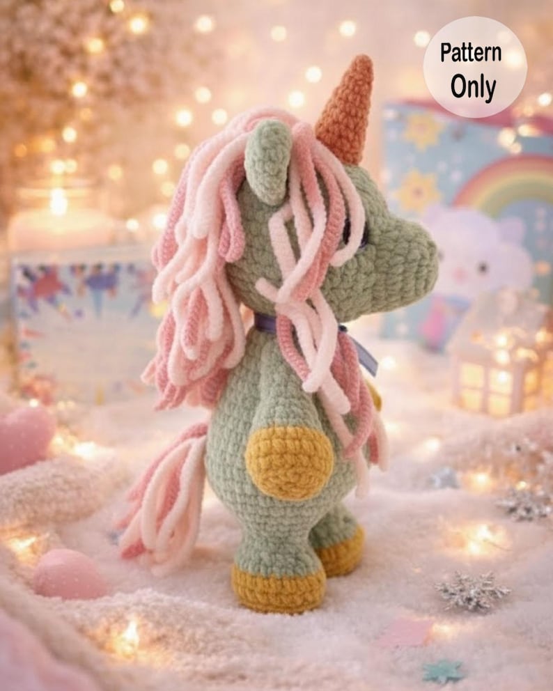 K&ouml;nnte beinhalten: Ein geh&auml;keltes Einhorn mit gr&uuml;nem K&ouml;rper, rosa und wei&szlig;er M&auml;hne und Schweif sowie einem braunen Horn. Das Einhorn hat gelbe Hufe und ein blaues Band. Das Bild enth&auml;lt den Text "Pattern Only".
