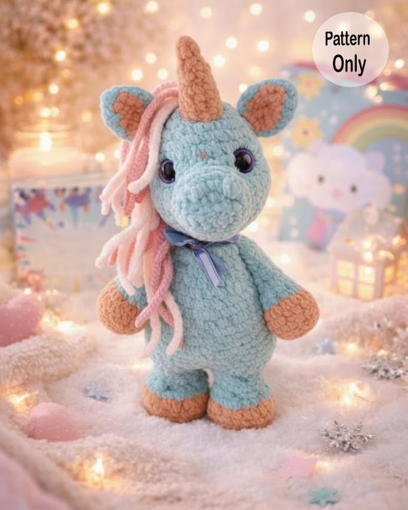 K&ouml;nnte beinhalten: Geh&auml;keltes Einhorn-Spielzeug in Hellblau, mit einer pfirsichfarbenen Horn, Hufen und Ohrenakzenten. Das Einhorn hat rosa und wei&szlig;e Garnhaare, gro&szlig;e dunkle Augen und ein blaues Band. Das Bild hat eine weiche, vertr&auml;umte &Auml;sthetik, mit einem "Pattern Only"-Aufkleber.
