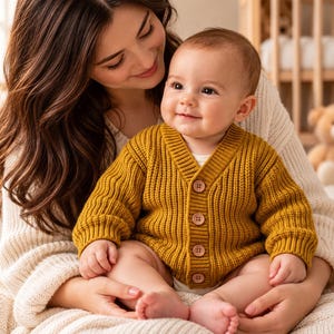 Op de afbeelding: Een mosterdgeel babyvest met lange mouwen, een grove ribgebreide textuur, een V-hals en vier lichtbruine knopen aan de voorzijde. Het kledingstuk is afgewerkt met geribbelde boorden bij de mouwen en de zoom voor een goede pasvorm.