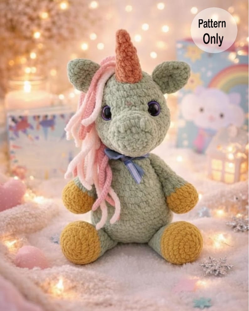 K&ouml;nnte beinhalten: Ein geh&auml;keltes Einhorn-Pl&uuml;schtier in weichem Gr&uuml;n, mit einem braunen Horn, rosa und wei&szlig;er M&auml;hne und gelben Hufen. Das Einhorn hat gro&szlig;e schwarze Augen und ein blaues Band. Der Text "Pattern Only" befindet sich oben rechts.