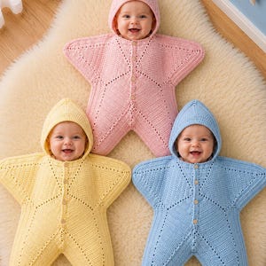 Padrão de crochê em PDF para casulo de bebê com capuz e estrela | Saco de dormir para bebês de 3 a 6 meses | Tutorial com fotos incluído |