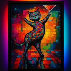 Colorful Cat Canvas Art, Whimsical Wall Decor, Cat Lover Gift, Home Bar Decoration, Fun Pet Portrait, Unique Gift Idea