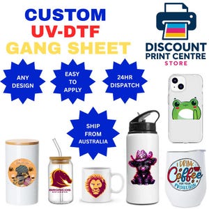 May include: An assortment of custom UV-DTF printed items, including a tumbler, glass jar, mug, water bottle, phone case, and wine tumbler. The items feature various designs, including a lion, a cowgirl cow, and the text "I drink coffee for your protection."