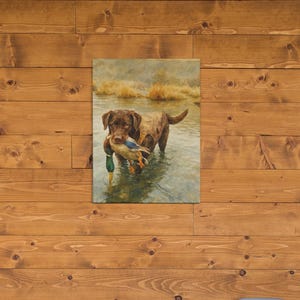 Chocolate Lab Duck Hunt Watercolor Canvas, Mallard River Retrieve Wall Art | Hunting Dog Tribute, Custom Pet Portrait Canvas, Country Decor
