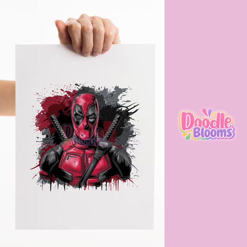 Deadpool PNG clipart design featuring bold red and black superhero character with splatter background, high quality comic style artwork perfect for t shirt printing, sublimation, stickers and digital designs, transparent PNG file ideal for superhero fans, graphic design projects and creative use