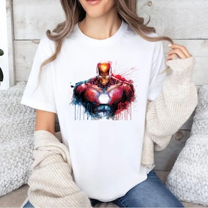 Iron Man PNG featuring glowing arc reactor chest design with red and gold armor, comic style superhero artwork perfect for t shirt printing, sublimation and digital crafts