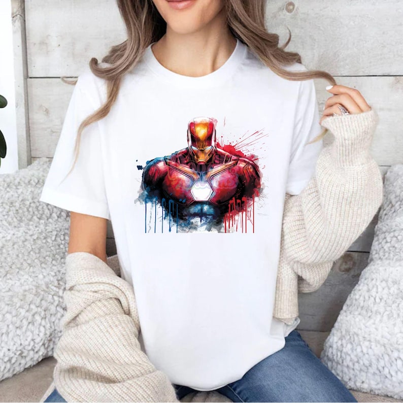 Iron Man PNG featuring glowing arc reactor chest design with red and gold armor, comic style superhero artwork perfect for t shirt printing, sublimation and digital crafts