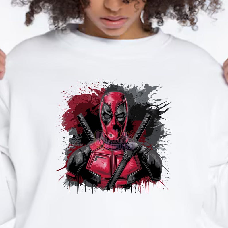 Deadpool PNG clipart design featuring bold red and black superhero character with splatter background, high quality comic style artwork perfect for t shirt printing, sublimation, stickers and digital designs, transparent PNG file ideal for superhero fans, graphic design projects and creative use