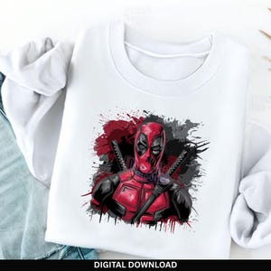 Deadpool PNG clipart design featuring bold red and black superhero character with splatter background, high quality comic style artwork perfect for t shirt printing, sublimation, stickers and digital designs, transparent PNG file ideal for superhero fans, graphic design projects and creative use