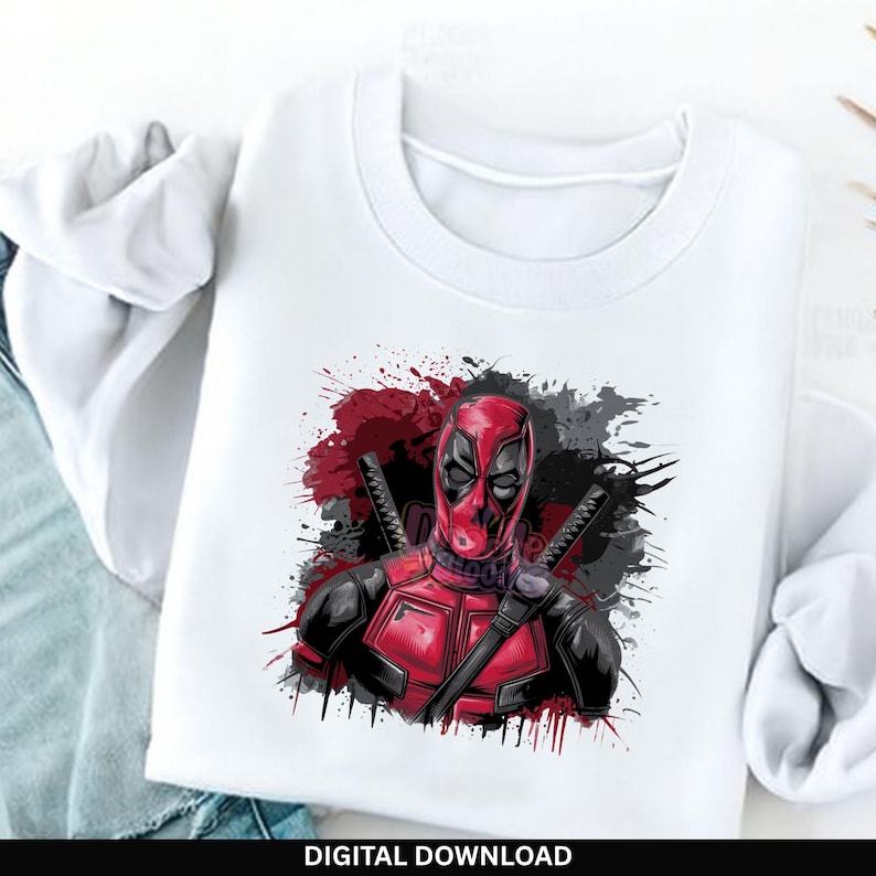 Deadpool PNG clipart design featuring bold red and black superhero character with splatter background, high quality comic style artwork perfect for t shirt printing, sublimation, stickers and digital designs, transparent PNG file ideal for superhero fans, graphic design projects and creative use