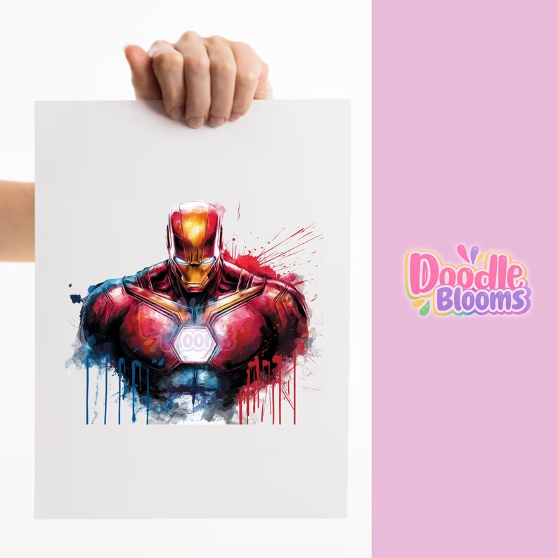 Iron Man PNG featuring glowing arc reactor chest design with red and gold armor, comic style superhero artwork perfect for t shirt printing, sublimation and digital crafts