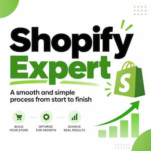 Könnte beinhalten: Ein Grafikdesign mit dem Text Shopify Expert und A smooth and simple process from start to finish. Es enthält ein grünes Einkaufstaschen-Symbol mit einem S, einen Wachstumspfeil und drei kreisförmige Symbole mit der Beschriftung Build Your Store, Optimize For Growth und Achieve Real Results.