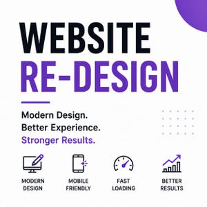 May include: A white graphic with the text WEBSITE RE-DESIGN in black and purple. Below, the text reads Modern Design. Better Experience. Stronger Results. Four icons represent Modern Design, Mobile Friendly, Fast Loading, and Better Results.
