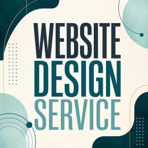 May include: A square graphic featuring the text WEBSITE DESIGN SERVICE in bold dark blue letters. The background is cream-coloured with abstract dark teal and light blue organic shapes, thin gold lines, and small dot patterns in the corners.
