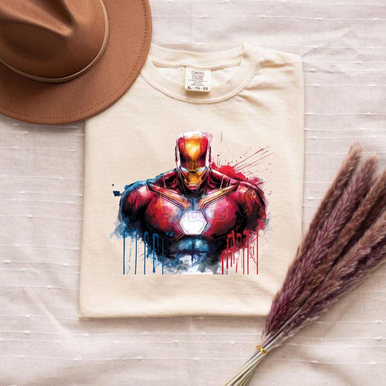 Iron Man PNG featuring glowing arc reactor chest design with red and gold armor, comic style superhero artwork perfect for t shirt printing, sublimation and digital crafts
