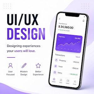 Könnte beinhalten: Ein Smartphone zeigt eine Finanz-App-Oberfläche mit einer violetten Übersichtskarte, einem Liniendiagramm und einer Transaktionsliste. Der Bildschirm zeigt einen Gesamtsaldo von 24.560,00 $. Der Text auf der linken Seite lautet UI/UX DESIGN.