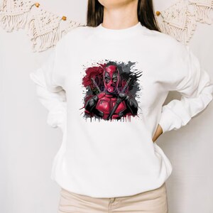 Deadpool PNG clipart design featuring bold red and black superhero character with splatter background, high quality comic style artwork perfect for t shirt printing, sublimation, stickers and digital designs, transparent PNG file ideal for superhero fans, graphic design projects and creative use