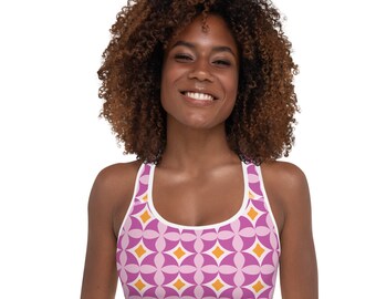 Pink Portuguese Tile Print Comfortable Compression Padded Sports Bra