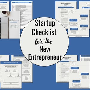 Könnte beinhalten: Blauer Hintergrund mit einem weißen Kreis mit dem Text "Startup Checklist for the New Entrepreneur". Das Bild enthält mehrere Seiten mit Checklisten und einen Laptop mit einer Kaffeetasse. Die Checklisten behandeln Themen wie Unternehmensstruktur und Steuererklärung.