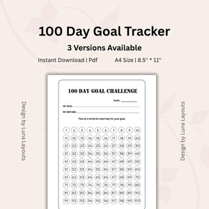 100 Day Goal Challenge, Fitness Tracker, Goal Setting, Progress Tracker, Health Fitness,  Printable & Fillable PDF,  Instant Download