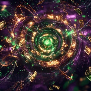 Può includere: Un'opera d'arte digitale astratta con un vortice vorticoso di tonalità verdi, dorate e viola. Banconote sembrano fluttuare attorno alla spirale centrale, creando un senso di movimento e abbondanza. L'opera d'arte ha un aspetto futuristico ed energico.