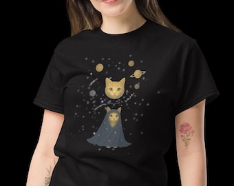 Vintage Celestial Cat T-Shirt: Retro Cosmic Kitty Graphic Tee
