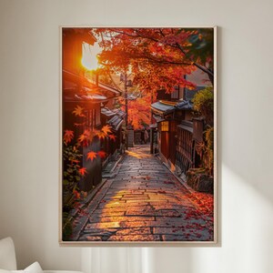 Kyoto Autumn Streets – Set of 2 Japanese Wall Art Prints, Red Maple Foliage & Traditional Alley Decor
